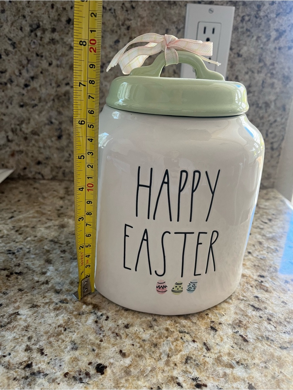 Rae Dunn 'HAPPY EASTER' Ceramic Jar Canister with Mint Lid and Easter Eggs